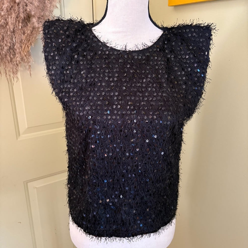EASEL Eyelash Knit Black Sequin Top size S
